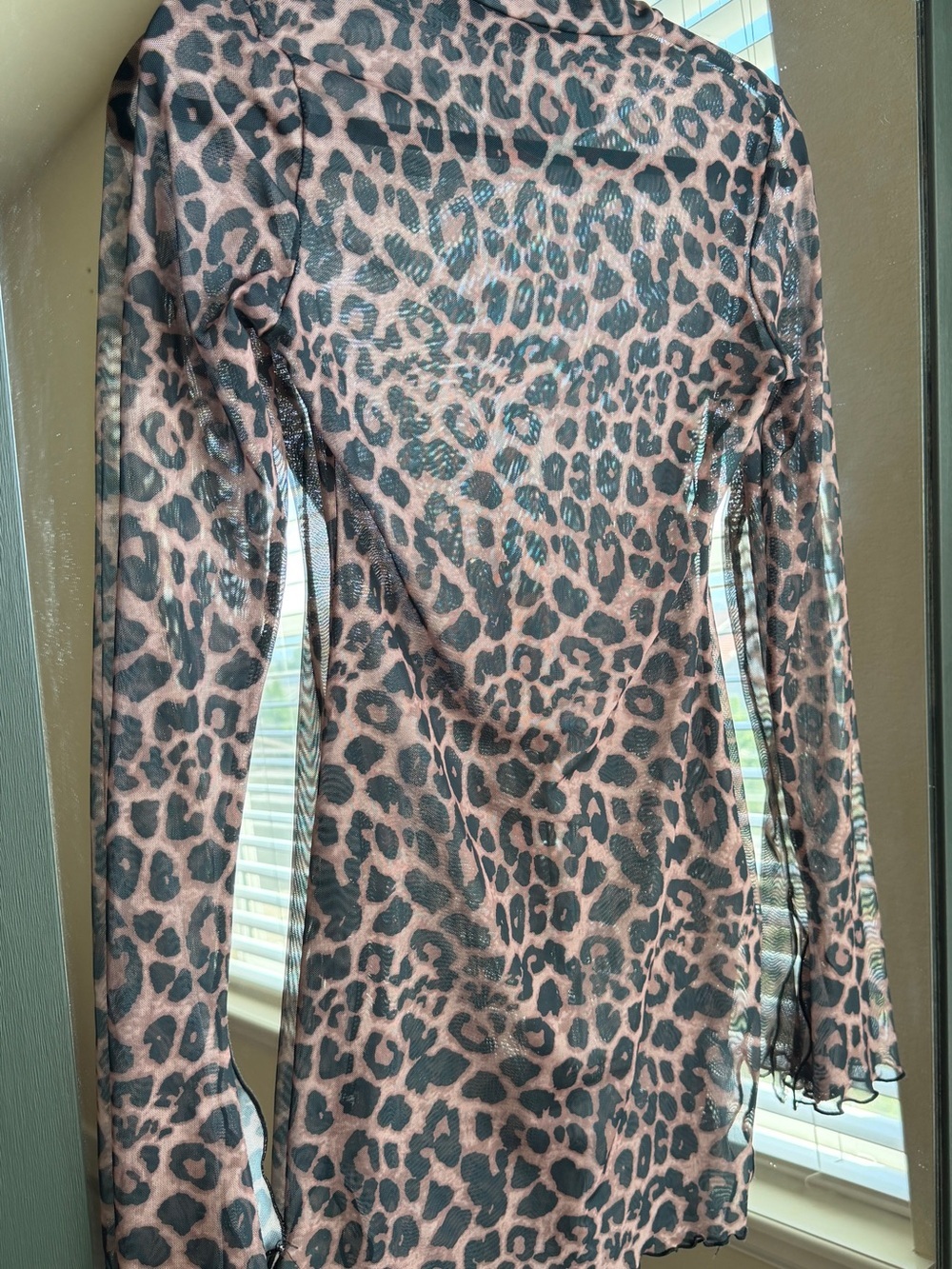 Y2K Sheer Leopard Mesh Overlay Mini Dress with Flare Bell Sleeves - Picture 5 of 6